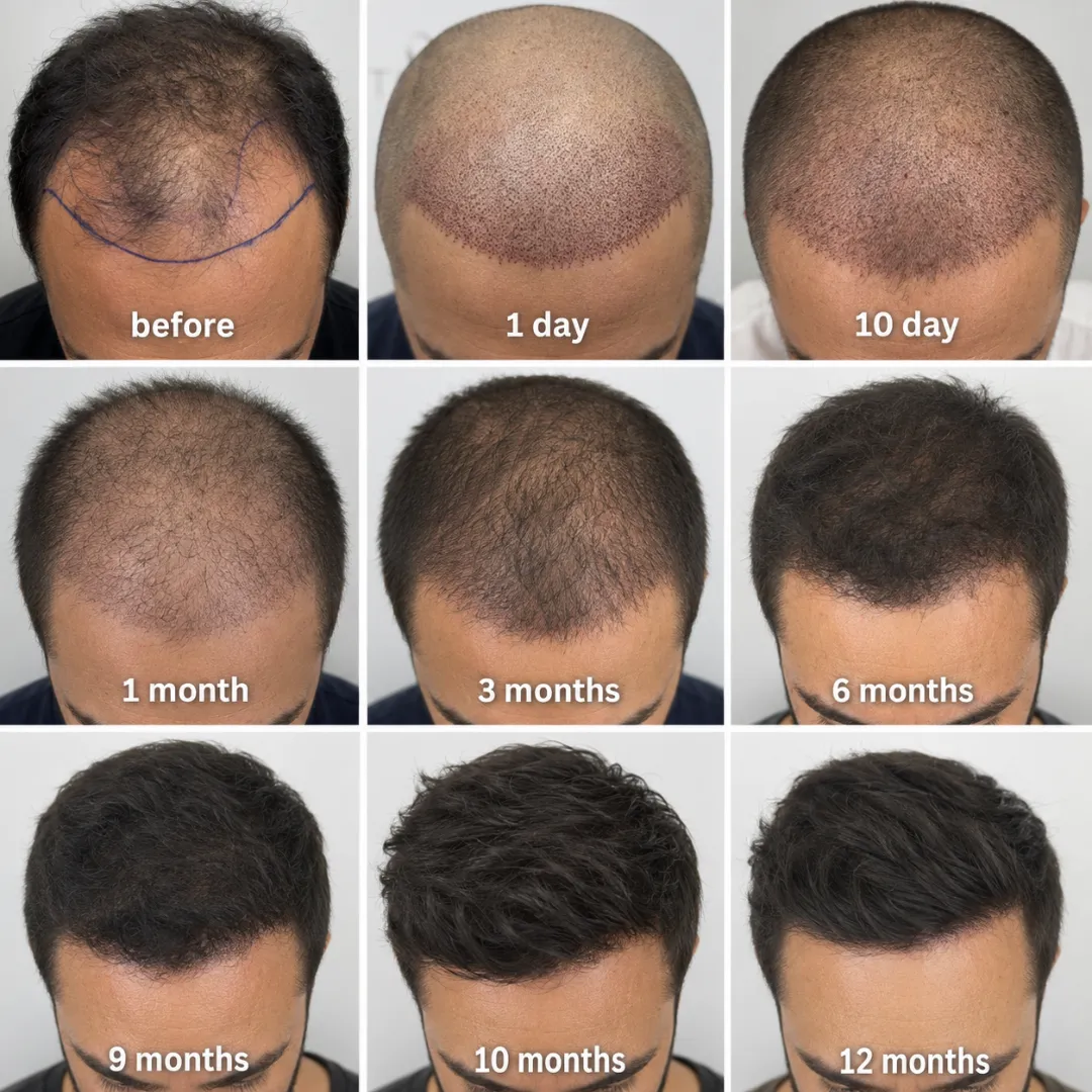 Hair Transplant Recovery Timeline Showing Frontal Hairline Progress From Before Surgery To 1 Day, 10 Days, 1 Month, 3 Months, 6 Months, 9 Months, 10 Months, And 12 Months