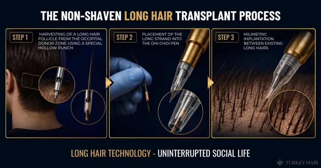 Elon Musk non-shaven hair transplant process infographic explaining long hair restoration steps